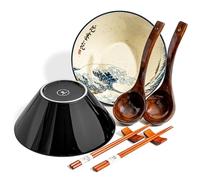 BICETTO Japanese Ramen Bowl Set with Great Wave Design - 60oz Large Ceramic Bowls, Spoons, Chopsticks for Ramen, Pho, Salad, Poke - Premium Gift for Ramen Lovers - Microwave & Dishwasher Safe