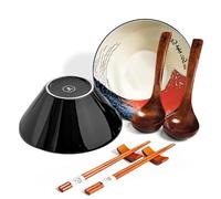 BICETTO Japanese Ramen Bowl Set with Red Fuji Design - 60oz Large Ceramic Bowls, Spoons, Chopsticks for Ramen, Pho, Salad, Poke - Premium Gift for Ramen Lovers - Microwave & Dishwasher Safe