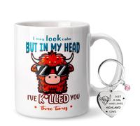 Biching Highland Cow Gifts, 11Oz Highland Cow Joke Sarcastic Mug with Keychain for Cows Lover, I May Look Calm, but in My Head I've k*lled You Three Times, Cows Lover Gifts for Women, Christmas Gift