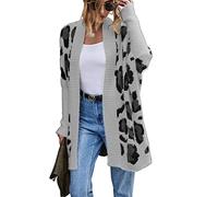 Bichingda Women's Long Sleeves Open Front Casual Leopard Print Fuzzy Knitted Sweater Cardigan Coat Outwear Grey