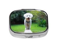 Bichon Frise Bokeh Pets Dogs Park White Dogs,Meta Pill Box 2 Compartment Medicine Case,Portable Organizer,Rectangle Meta Portable Organizer Pill Box 950 Compartment Medicine Case