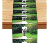 Bichon Frise Bokeh Pets Dogs Park White Dogs, Table Runner, Imitation Linen Table Runner For Home Party Dining Room 33x183 cm
