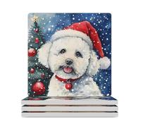 Bichon Frise Christmas Ceramic Coasters Square Drinks Coaster Decorative Coasters Set Kitchen Desktop Decor 4PCS