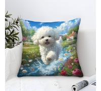 Bichon Frise Dog Cushion Covers Modern Art Decorative,Pastoral Cute Dog Pattern Square Pillow Cases Soft Polyester Pillowcases for Living Room Sofa Couch Bed Pillowcases 45x45cm