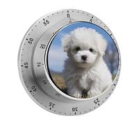 Bichon Frise Dog Kitchen Timer with Loud Alarm 60-Minute Magnetic Countdown Reminder for Cooking Stainless Steel Visual Wind Up Timer