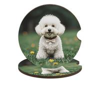 Bichon Frise Dog on The Grass Car Coasters, 2PCS Non-Slip Car Cup Holder Coasters with Cork Base, Heat Resistant & Waterproof Drink Coaster for Women Men