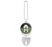 Bichon Frise Dog on The Grass Car Hanging Pendant - Angel Wings Car Rear View Mirror Charm - Metal Hanging Accessory for Women & Men, Sun Catcher Pendent, Decoration Cars Pendant Jewelry Gift Silver
