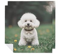 Bichon Frise Dog on The Grass Cloth Napkins for Hotel, Reusable Square Napkins Cloth 2 PCS Washable, Soft Absorbent Napkin for Family Dinners, Weddings, Thanksgiving, New Year Party
