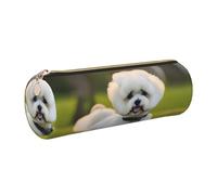 Bichon Frise Dog on The Grass Leather Pencil Case, Slim Aesthetic Leather Pouch,Stationery Organiser Pouch with Portable Metal Ring