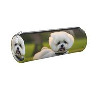 Bichon Frise Dog on The Grass Leather Pencil Case, Slim Aesthetic Leather Pouch,Stationery Organiser Pouch with Portable Metal Ring