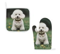 Bichon Frise Dog on The Grass Oven Mitts & Pot Holders Set - 2 Pcs Heat Resistant Oven Gloves with Hanging Loop, Kitchen Potholder for Cooking, Baking, BBQ, Microwave