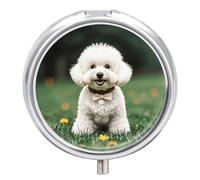 Bichon Frise Dog on The Grass Pill Box 3 Compartment Small Pill Case for Purse Or Pocket Mini Metal Pillcase Medicine Organizer, Round Daily Medicine Container to Hold Vitamins, Fish Oil