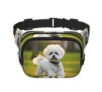 Bichon Frise Dog on the grass Print Fashion Waist Packs Square Layer Waist Bag Black Belt Bag with Adjustable Strap, Black, One Size