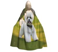 Bichon Frise Dog On The Grass Print Halloween Hooded Capes Cosplay Carnival | Unisex Cloak Party Witch Wizard Christmas Themed Event Vampire Costumes 190cm