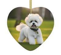 Bichon Frise Dog On The Grass Print Heart-Shaped Ceramic Christmas Ornament Festive Ornaments Holiday Xmas Tree Decor