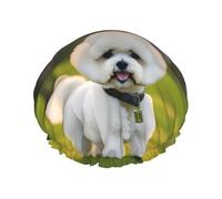 Bichon Frise Dog on the Grass Print Large Size Waterproof Shower Cap for Women and Men Reusable Lightweight Soft Hat