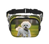 Bichon Frise Dog on the grass Print Square Double Layer bag Waist Bag Trendy Pack Travel Bag with Adjustable Bel, Black, One Size