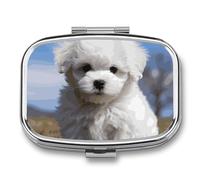 Bichon Frise Dog Pill Box 2 Compartment Pill Organizer Travel Pillcase with Mirror Square Metal Pill Container Weekly Medicine Planner Vitamin Organizer for Pocket