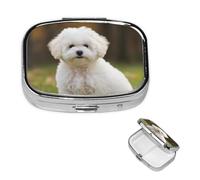 Bichon Frise Dog Pill Box 2 Compartment Square Portable Pill Case for Pocket or Purse Small Weekly Medicine Planner Travel Pillbox with Mirror Decorative Metal Vitamin Holder Gifts