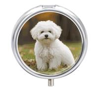 Bichon Frise Dog Pill Box 3 Compartment Small Pill Case with Mirror for Purse & Pocket Travel Medicine Organizer Daily Medication Container Portable Pillbox Metal Medicine Box Round Meds Case