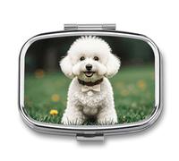 Bichon Frise Dog Pill Box in Grass 2 Compartments Portable Pill Organizer for Pocket or Purse, Decorative Metal Medicine and Vitamins Organizer