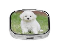 Bichon Frise Dog Print Pill Box 2 Compartment Medicine Pill Case,Portable for Pocket Or Purse Pill Box Decorative Metal Medicine Organizer