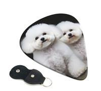 Bichon Frise Guitar Picks 6 Pack with Leather Guitar Pick Holder Keychain, Plectrum Key Fob Cases Bag, Abstract Art Plectrum for Acoustic Electric Guitar, Ukulele 0.96mm
