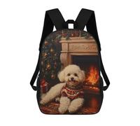 Bichon Frise in Sweater Christmas Dog by Fireplace Painting Backpack, 3D Printed School Bag, School Lunch Bag, Travel Backpack, Friends Backpack, School Backpack for Girls And Boys 17inch