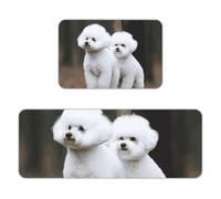 Bichon Frise Kitchen Mat Set of 2, Flannel Non-Slip Absorbent Runner Comfort Standing Mats, Washable Kitchen Rugs for Floor Sink Laundry Entryway, 16x24 + 17x47 Inch