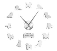 Bichon Frise Pet Dog Silhouette Large 3D DIY Wall Clock Frameless Silent Non Ticking Roman Numerals Mirror Surface Sticker Modern Wall Decor Art for Living Room Bedroom Office (Silver,37inch)