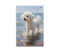 Bichon Frise Playing with Waves by Sea, Fur with Spray Decorative Wall Mural Modern Hanging Art Poster20x30inch(50x75cm)