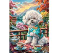 Bichon Frise Puppy at Tea Party 500-piece Jigsaw Puzzle Bundle Family Puzzle Lovers Brain Training Mindful Activity Spring Rigid Cardboard 500 PCS