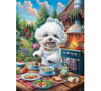 Bichon Frise Puppy Having Dinner 300 Piece Complete DIY Jigsaw Puzzle Accompany Fairy Tale Cute Collectors Mind Relaxation Educational Decorative Puzzle Gifts for Adults Wooden Cardboard 300 PCS