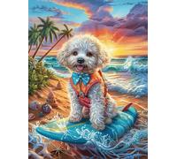 Bichon Frise Puppy Surfing on A Tropical Beach 1000 Piece Pack Classic Jigsaw Puzzle Science Fiction Magical Dream Couple Puzzle Partners Ultra Difficult Wall Decor Easter New Year Gift Thick Paperbo