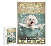 Bichon Frise Puzzle for Adults - 1000 Piece Wooden Jigsaw - Playful Wash Your Paws Quote & Adorable Dog Art for Relaxation and Décor