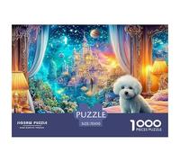 Bichon on A Bed with A Fairy-tale Castle View 1000 Piece Jigsaw Puzzle Fantasy Cute Pet - Educational & Challenging for Kids & Adults 70x50cm/1000pcs