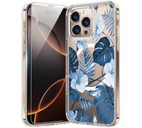 bicol for iPhone 16 Pro Case with Screen Protector - Wireless Charging Compatible, Enhanced Camera Protection - Clear Acrylic Phone Cover with Trendy Floral Design for Women - Blue Leaves