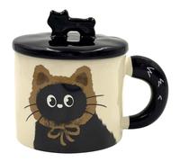 BIcoog Ceramic Mug Cover with Lid Ceramic Coffee Cup Tea Cup Office and Home Health Gift Black Cartoon Cat Pattern Nice 400 ml Brown
