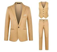 BiCophy Big and Tall Mens Classic Formal Suits 3 Piece Notch Lapel Two Button Blazer Jacket Slim Fit Vest Flat Front Dress Pants Solid Color Business Suit Sets for Party Prom Dinner Wedding Khaki