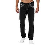 BiCophy Jeans for Men Big and Tall Relaxed Fit Mid-Rise Straight-Leg Jeans Stretch Casual Flat Front Classic Tapered Leg Moto Biker Jeans Distressed Denim Jean Pants Mens Denim Trousers Black