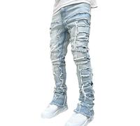 BiCophy Jeans for Men Ripped Stacked Jeans Distressed Destroyed Skinny Demin Pants Slim Fit Tapered Leg Moto Biker Jeans Fashion Hip Hop Streetwear Straight Trousers Light Blue