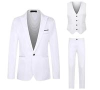 BiCophy Men Plus Size Dress Suits 3 Piece Slim Fit Single Breasted Two Button Wedding Tuxedo Suit Blazer Waistcoat Smart Chino Trousers with Pockets White