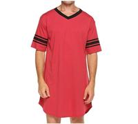 BiCophy Men's Nightshirt Pajama Tops Short Sleeve Nightie for Men Button Round Neck Sleep Shirt Knee Length Nightdress Nightwear Nightgown Loose Fit for Hospital Home Casual Red