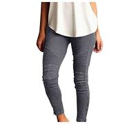 BiCophy Stretchy Jeggings for Women High Waisted Stretch Skinny Moto Biker Leggings with Pockets Comfy Pleated Slimming Pull-On Skinny Jeans Denim Pencil Pants(Grey,Small)
