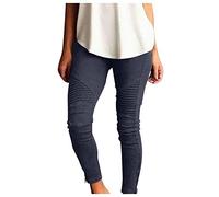 BiCophy Stretchy Jeggings for Women High Waisted Stretch Skinny Moto Biker Leggings with Pockets Comfy Pleated Slimming Pull-On Skinny Jeans Denim Pencil Pants(BU2,X-Large)