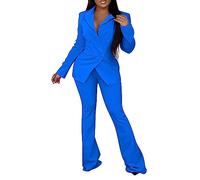 BiCophy Women Classic Formal Suits 2 Piece Notch Lapel Two Button Blazer Jacket Flat Front Slim Fit Dress Pants Solid Color Business Suit Sets for Interview Meeting Prom Dinner Wedding Blue