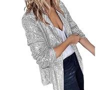 BiCophy Womens Casual Open Front Sequin Blazer Jackets Cardigan Glitter Long Sleeve Slimming Shawl Collar Evening Party Sparkly Cardigan Coats Silver