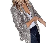 BiCophy Womens Casual Open Front Sequin Blazer Jackets Cardigan Glitter Long Sleeve Slimming Shawl Collar Evening Party Sparkly Cardigan Coats Grey