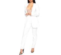 BiCophy Women's Casual Suit Sets Lapel Open Front Long Sleeve Temperament Elegant Blazer Jackets Elastic High Waist Flat Front Slim Fit Bussiness Trousers Fashion 2 Piece Formal Suits White