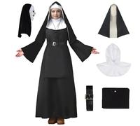 BICOPU Adult Scary Nun Cosplay Costume 6PCS Women Black Gothic Horrible Monastery Dress Halloween Party Outfit with Mask(Black, XL)